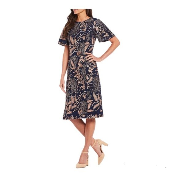 JS Collections Maya Flutter Sleeve Tea Length Blue Embroidered Dress Size 8 - Picture 10 of 10